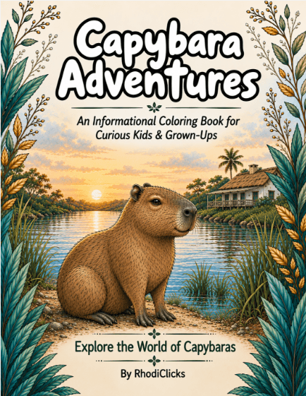 Capybara Adventures front cover showing a capybara beside a river, framed by foliage.