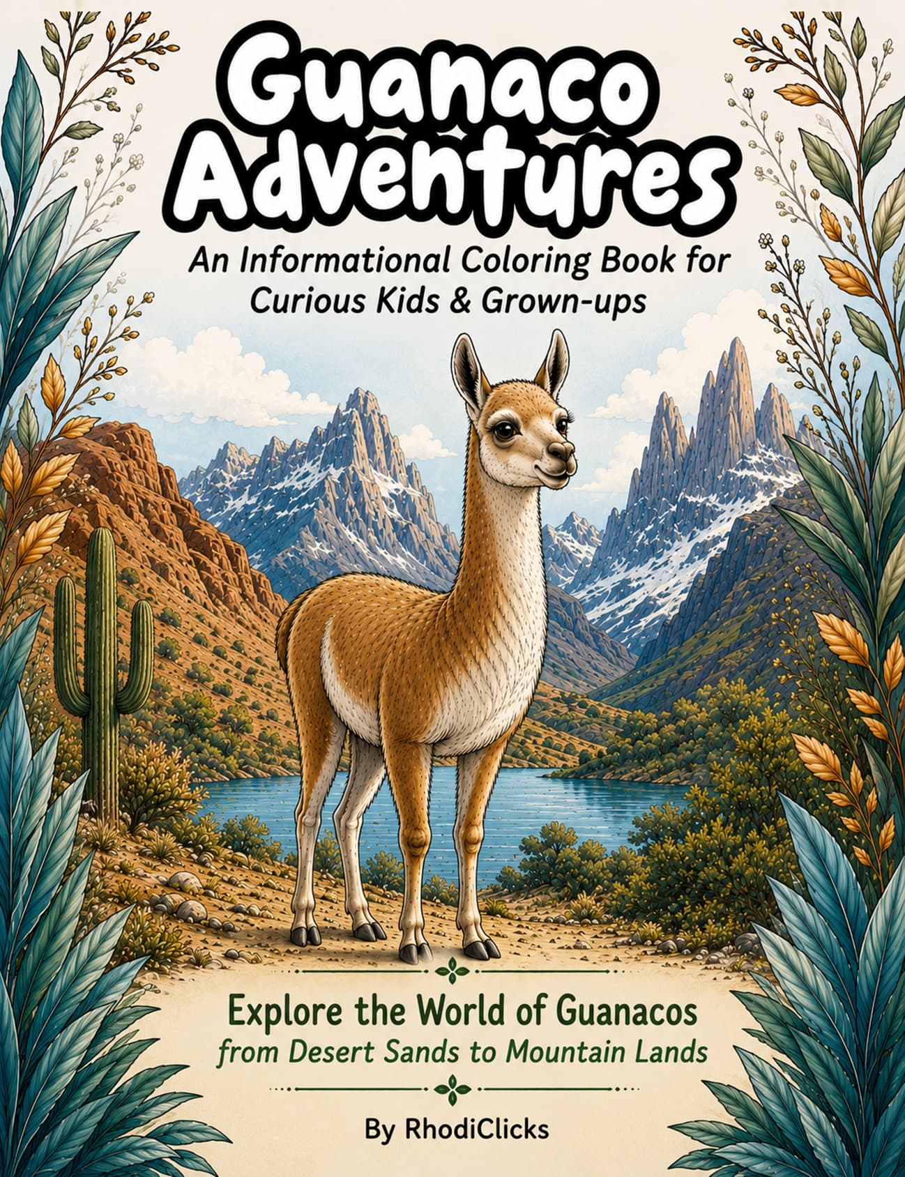 Guanaco Adventures coloring book cover featuring a guanaco between desert and mountain landscapes.