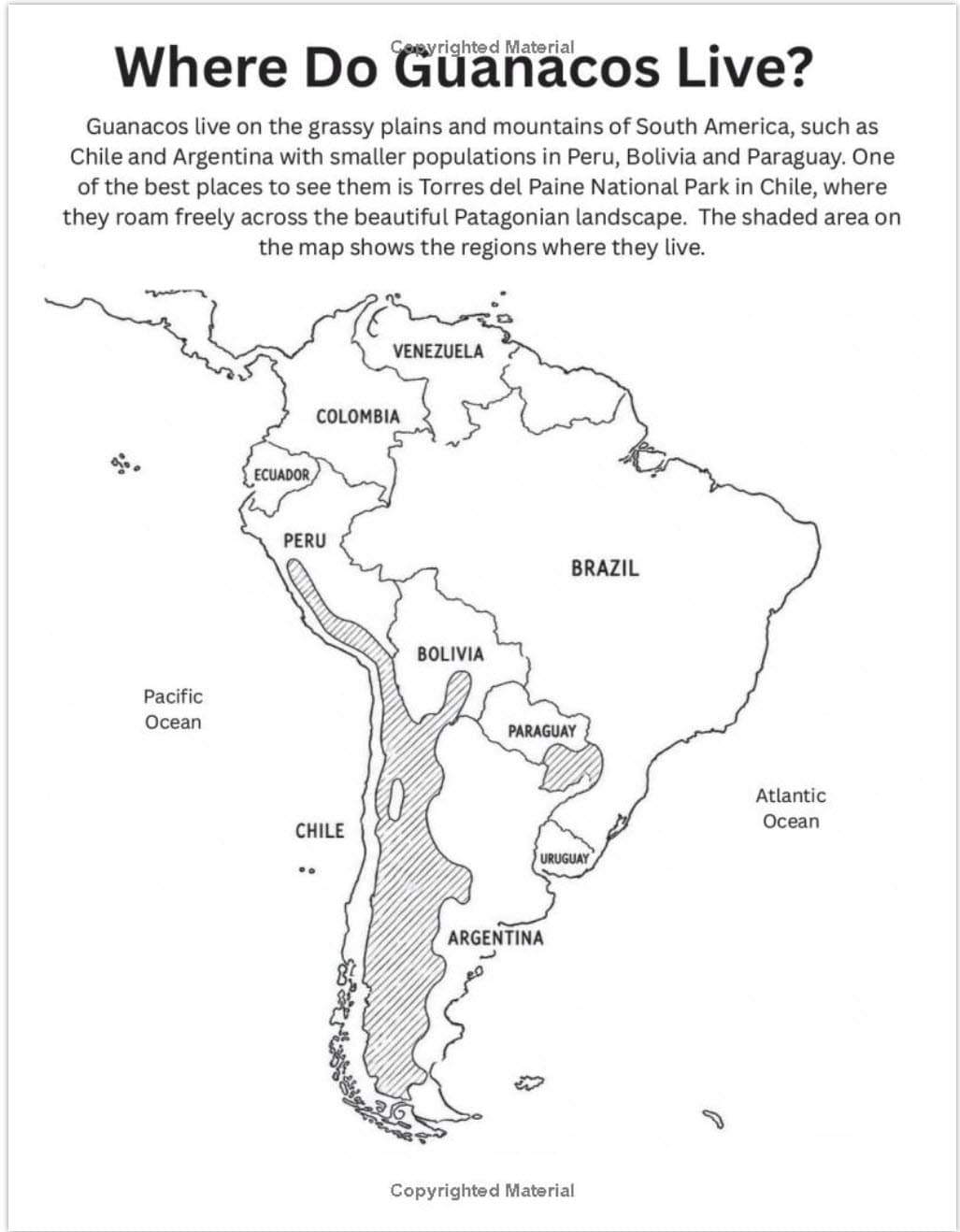 Guanaco Adventures sample page showing where guanacos live in South America.