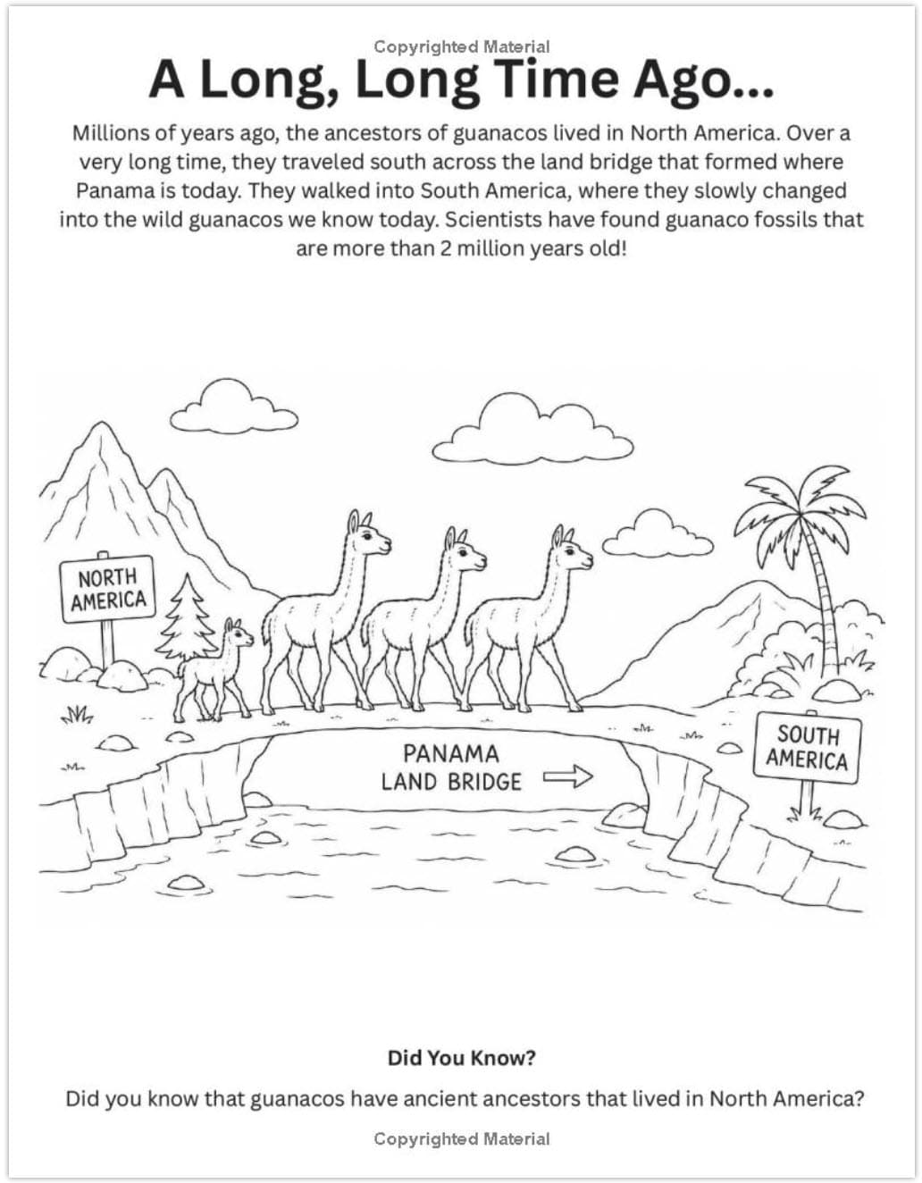 Guanaco Adventures coloring page about guanaco ancestors traveling to South America.