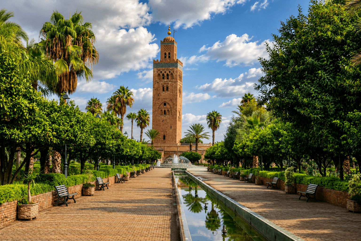 Koutoubia Mosque framed by palms, gardens, and a reflecting pool in Morocco.