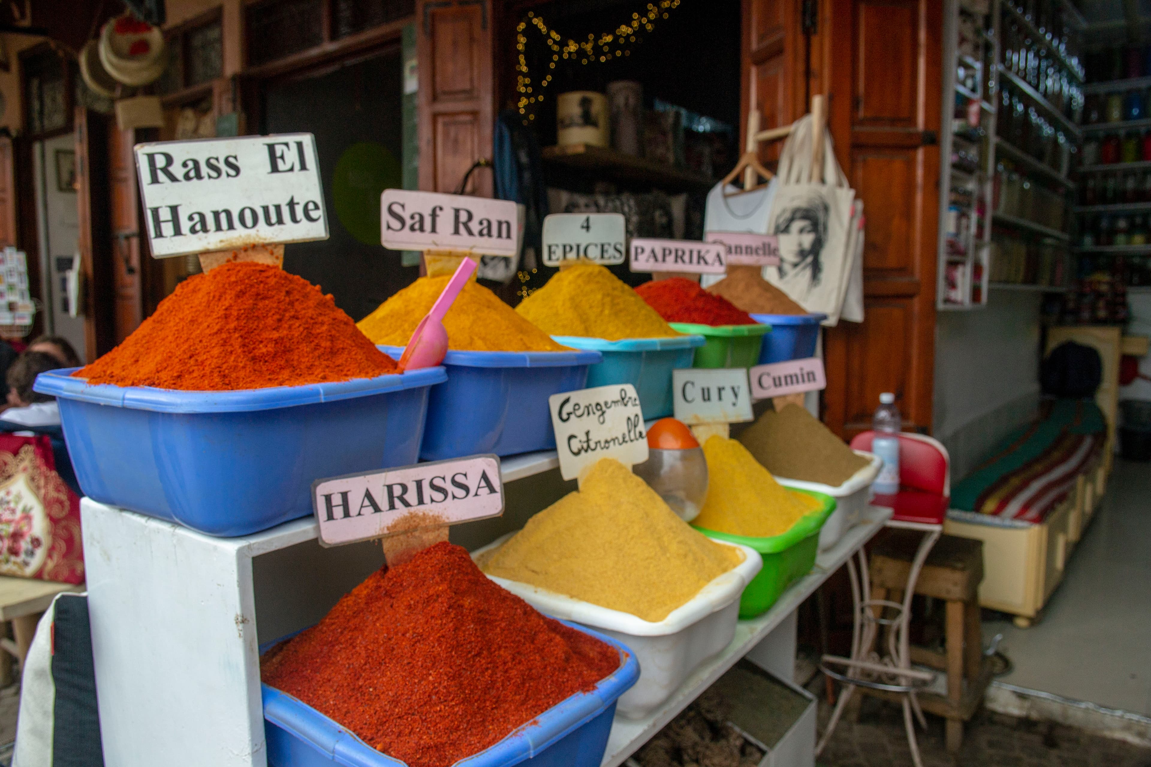 Bright spices displayed in a Morocco market.