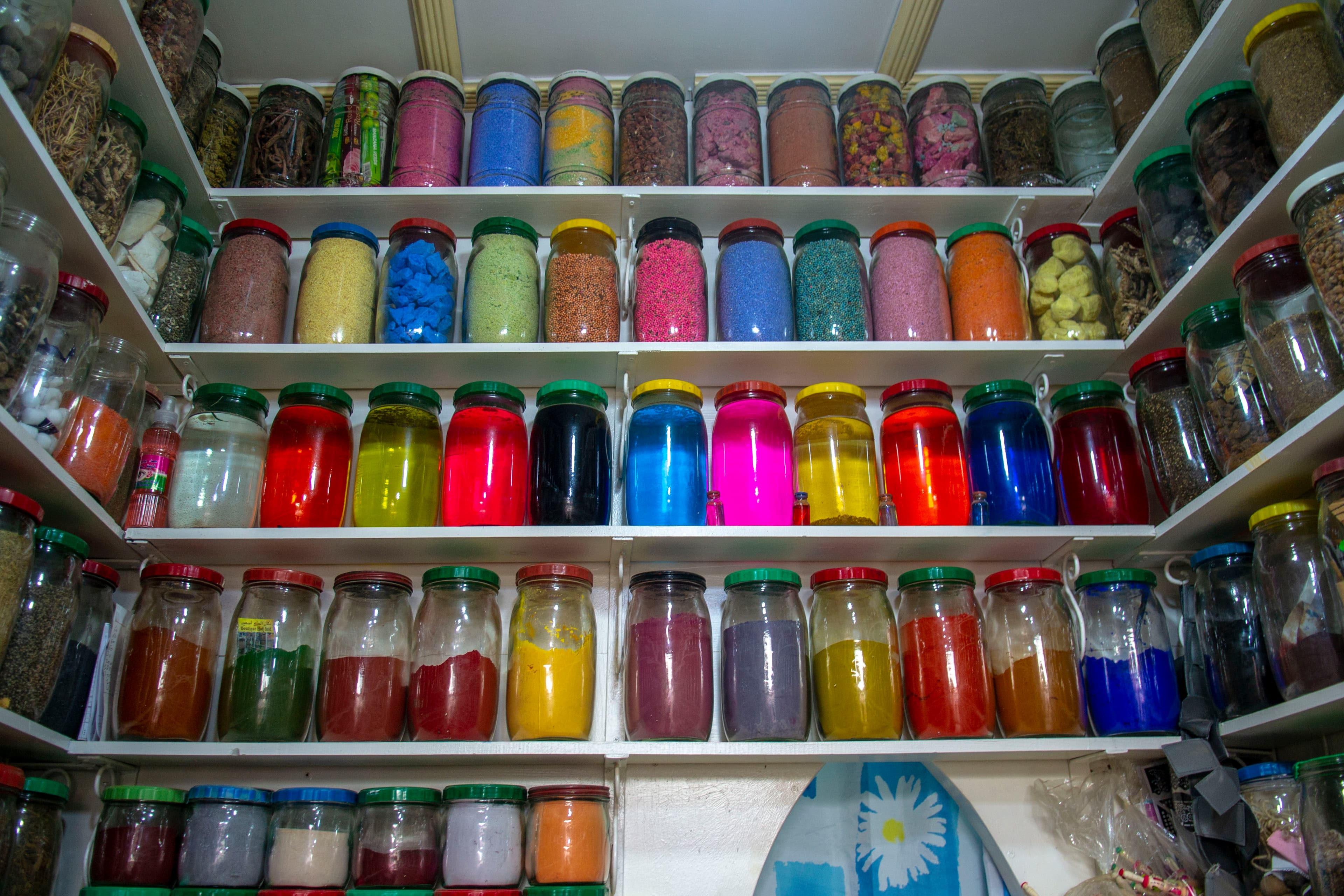 Colorful spice displays in Morocco.